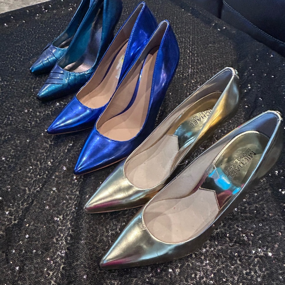Metallic Blue (INC) color shift (Maurices) and gold (Michel Kors) Heels size 8 - Picture 1 of 11